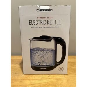 Chefman 1.7 Liter Electric Glass Tea Kettle with LED Boil Lights, Clear/Black